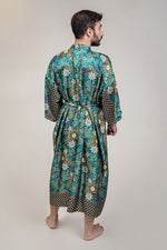Cargar imagen en el visor de la galería, Mens Teal Blue Floral Silk Long Kimono Robe Floor

