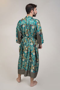 Mens Teal Blue Floral Silk Long Kimono Robe Floor
