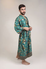 Cargar imagen en el visor de la galería, Mens Teal Blue Floral Silk Long Kimono Robe Floor
