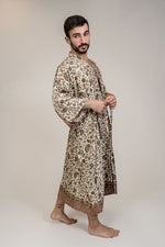 Charger l&#39;image dans la galerie, Mens Beige Brown Floral Silk Long Kimono Robe Floor Length
