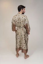 Charger l&#39;image dans la galerie, Mens Beige Brown Floral Silk Long Kimono Robe Floor Length

