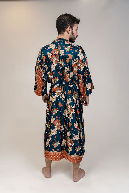 Mens Navy Blue Orange Floral Silk Long Kimono Robe