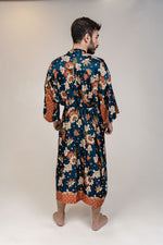 Charger l&#39;image dans la galerie, Mens Navy Blue Orange Floral Silk Long Kimono Robe
