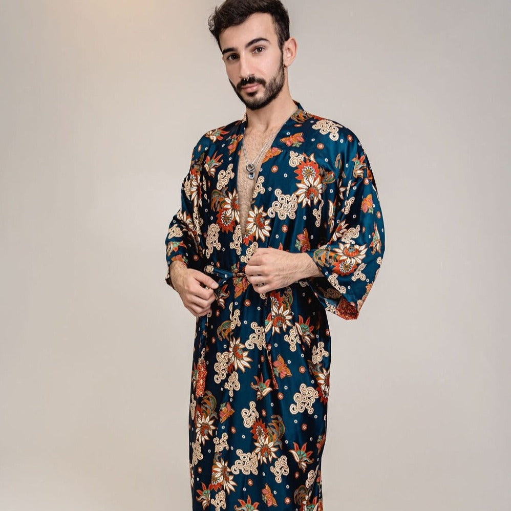 Mens Navy Blue Orange Floral Silk Long Kimono Robe