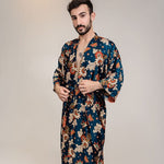 Load image into Gallery viewer, Mens Navy Blue Orange Floral Silk Long Kimono Robe
