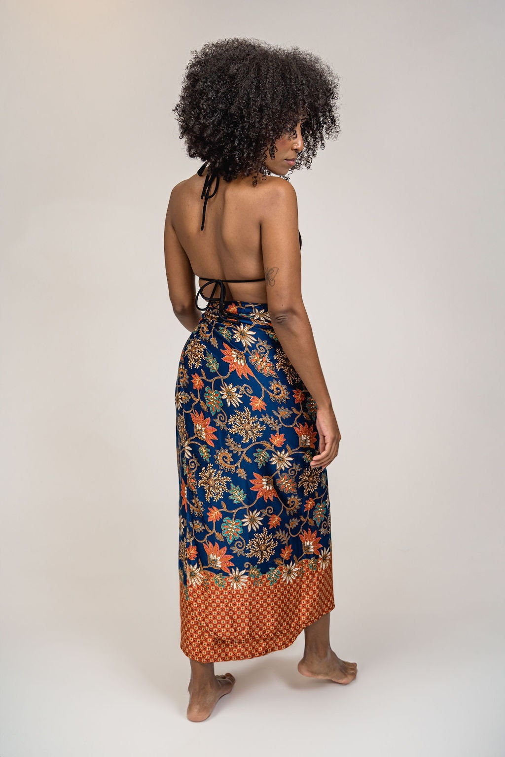 Navy Blue Orange Floral Silk Tie Wrap Long Skirt Womens