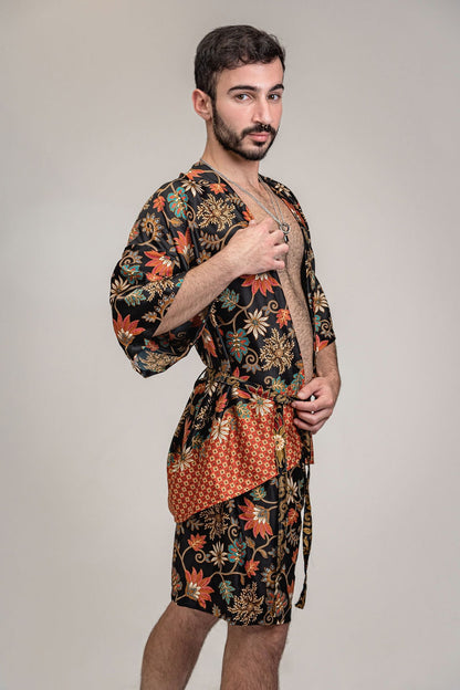 Black Orange Floral Silk Kimono Shorts Set Mens