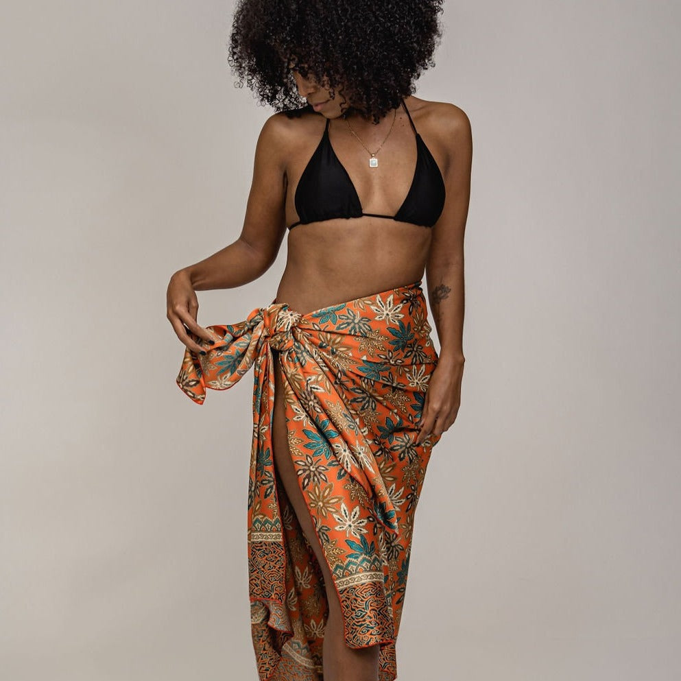 Orange Floral Silk Sarong Shawl Womens