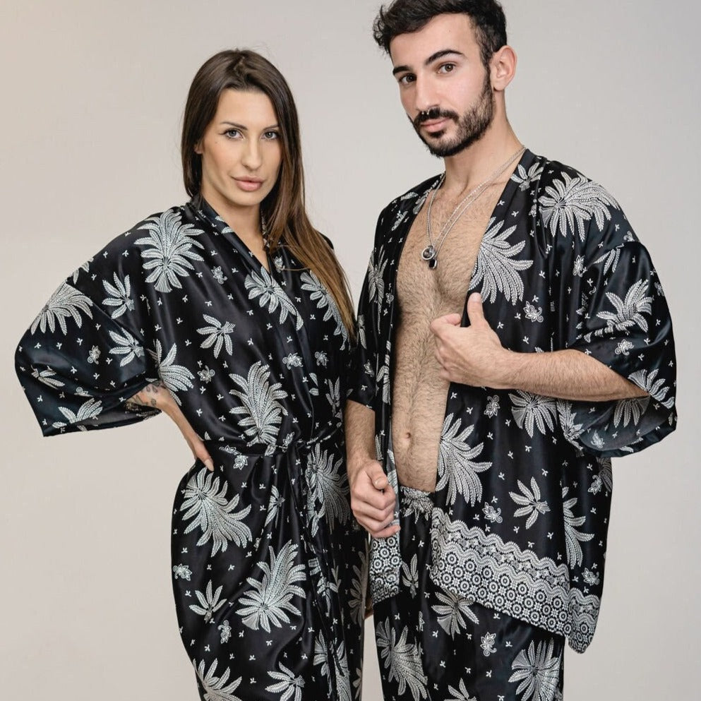 Matching Mens Womens Set Black White Floral Silk Kimono Robe