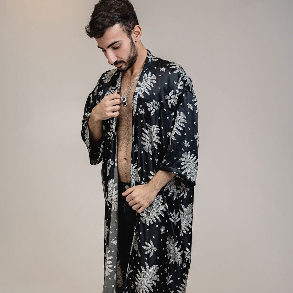 Mens Black White Floral Silk Long Kimono Robe