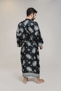Mens Black White Floral Silk Long Kimono Robe