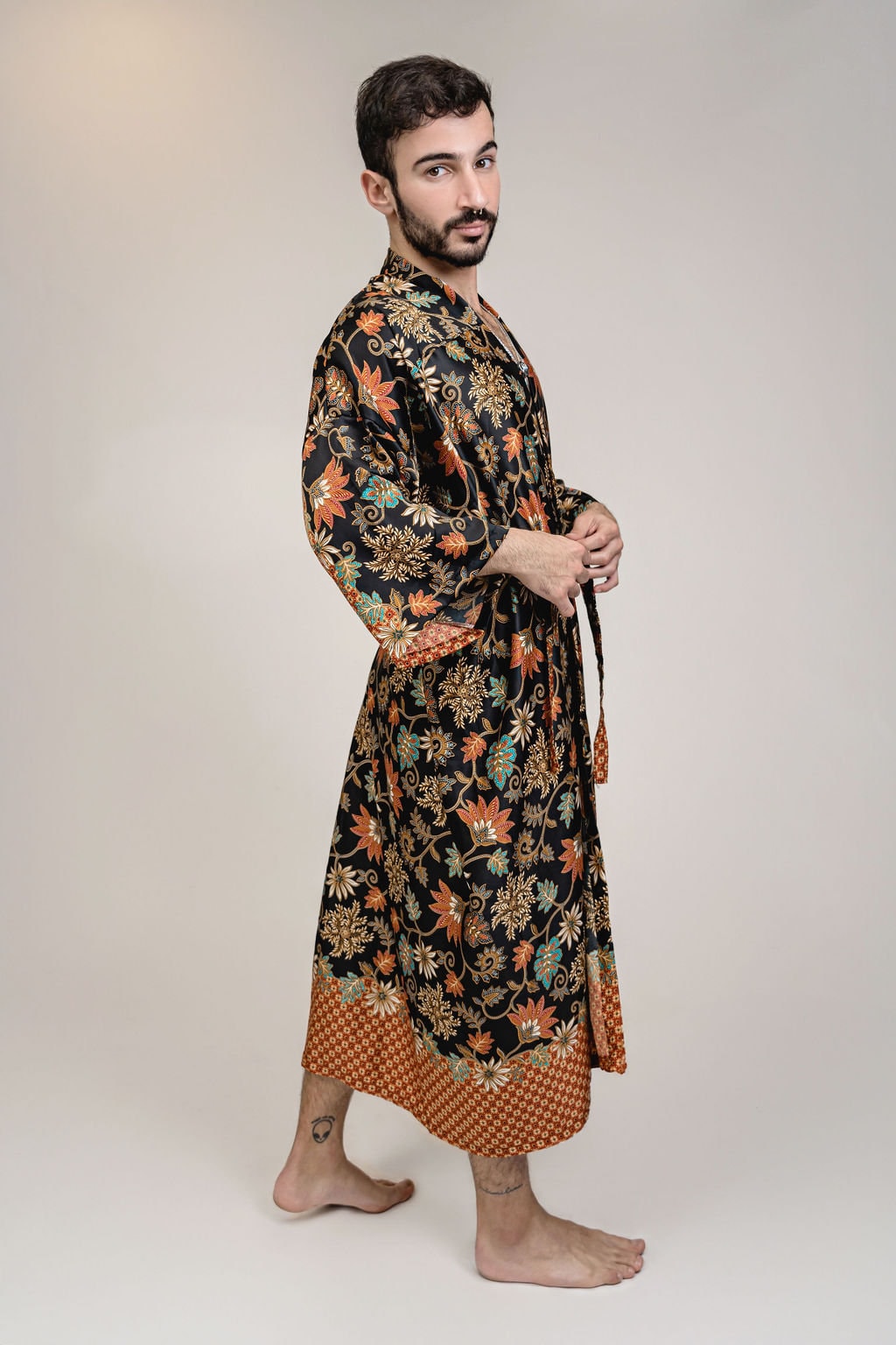 Mens Black Orange Floral Silk Long Kimono Robe