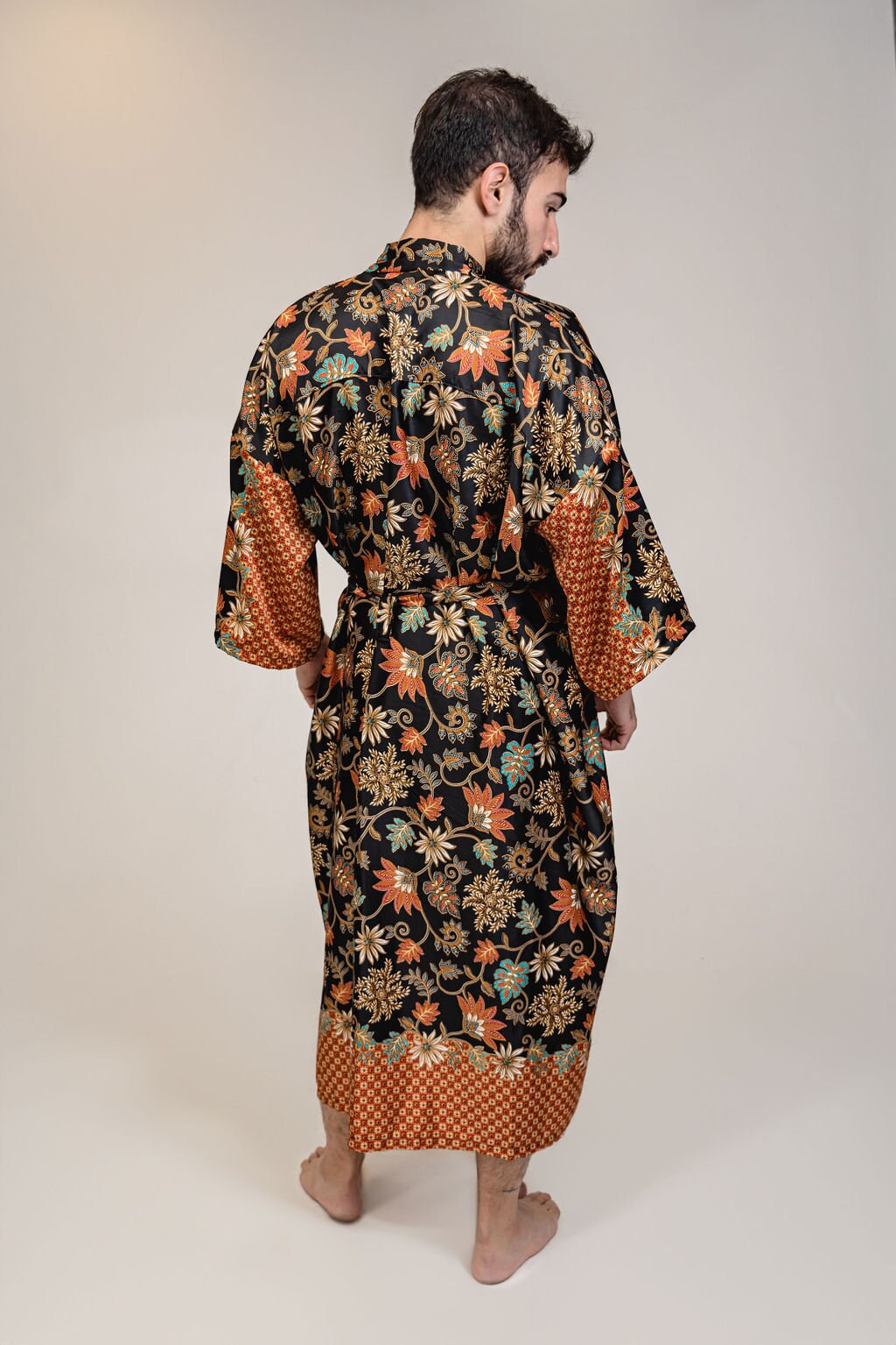 Mens Black Orange Floral Silk Long Kimono Robe