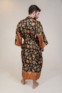Mens Black Orange Floral Silk Long Kimono Robe