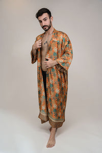 Mens Orange Blue Floral Silk Long Kimono Robe