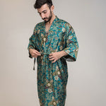 Load image into Gallery viewer, Mens Teal Blue Floral Silk Long Kimono Robe Floor
