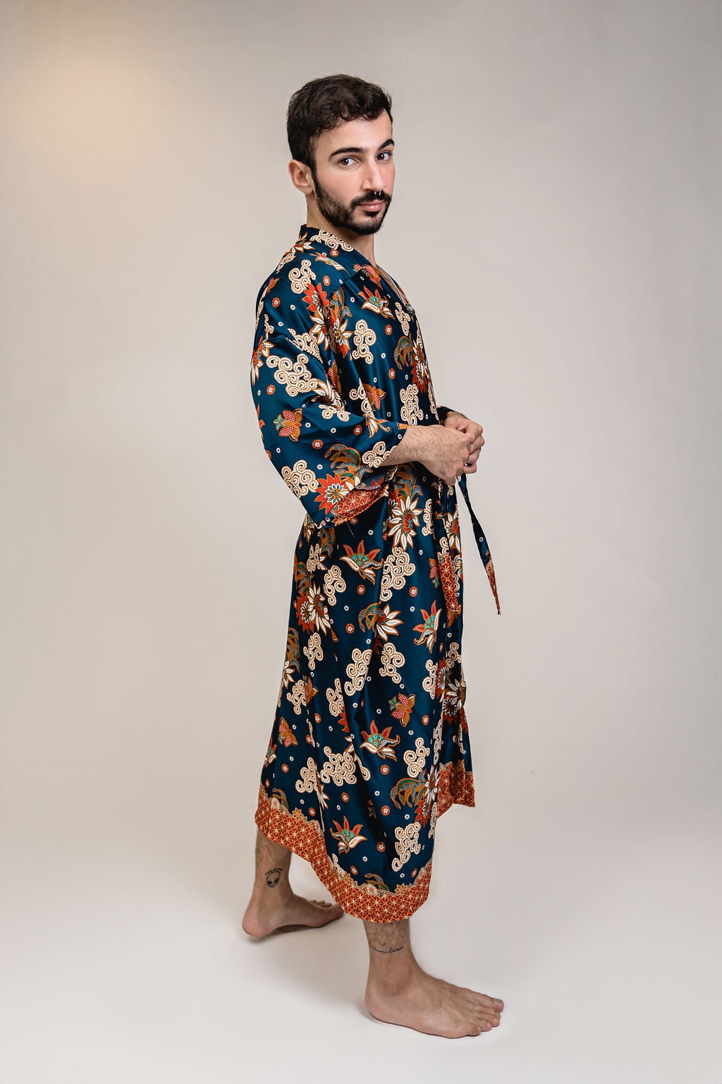 Mens Navy Blue Orange Floral Silk Long Kimono Robe