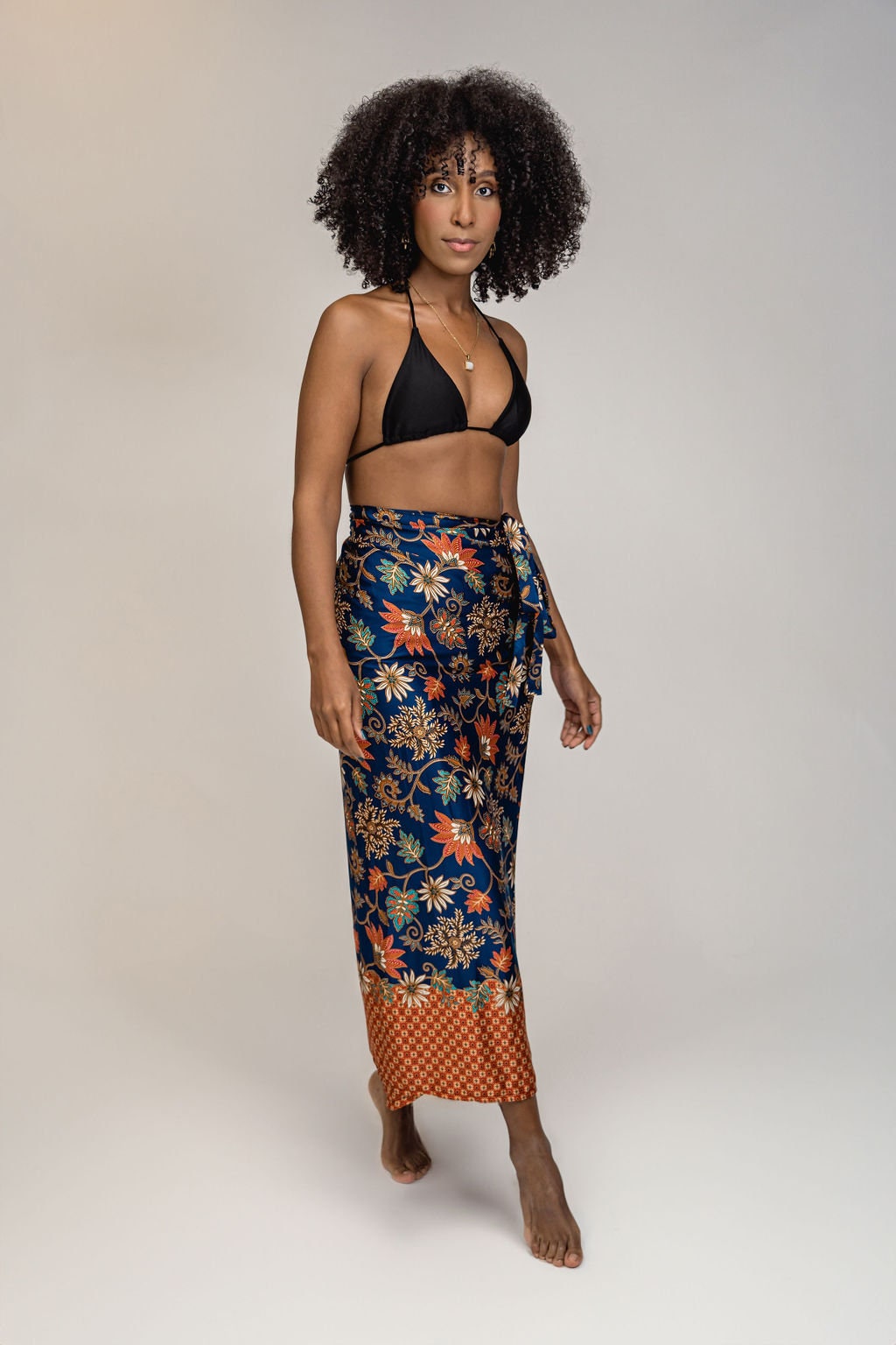 Navy Blue Orange Floral Silk Tie Wrap Long Skirt Womens