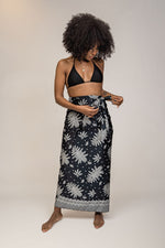 Load image into Gallery viewer, Black White Floral Silk Tie Wrap Long Skirt Womens
