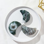 Load image into Gallery viewer, Natural Moss Agate Crescent Moon with Druzy
